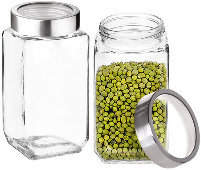 헬로키친 투명뚜껑 사각 밀폐 유리병, 2L, 2개