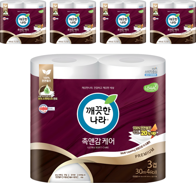 깨끗한나라 천연펄프 3겹 촉앤감 케어 롤화장지, 30m, 4개입, 5개