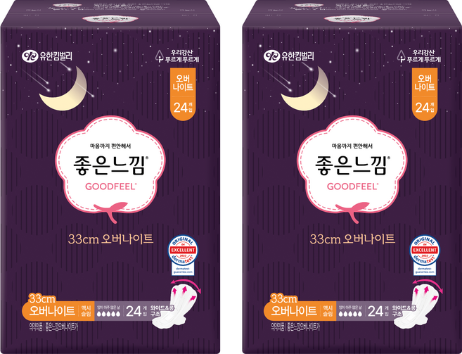 좋은느낌 오리지널 생리대 날개형, 오버나이트, 24개입, 2개