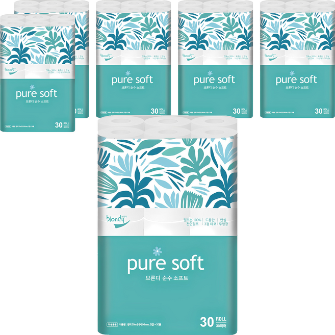 브론디 순수 소프트 천연펄프 3겹 롤화장지, 30m, 30개입, 6개