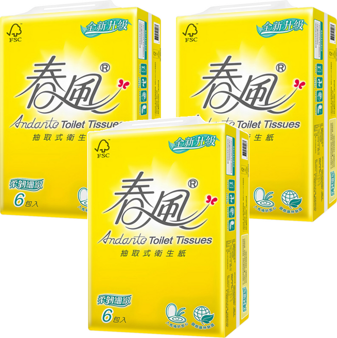春風 柔韌細緻 抽取式衛生紙, 6包, 3袋