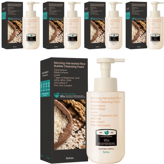 hetras. 晨間新米弱酸性大容量泡沫潔面乳, 5個, 500ml