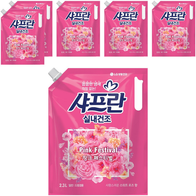 샤프란 실내건조 섬유유연제 핑크 페스티벌 리필, 2.3L, 6개