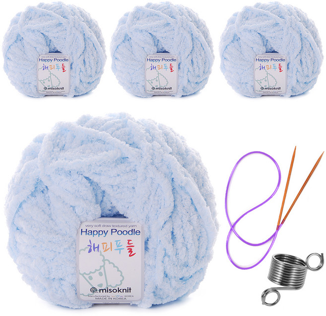 미소털실 해피푸들 극세사 수면 뜨개실 80g 4p + 줄바늘 + 뜨개반지, 05 라이트스카이, 1개