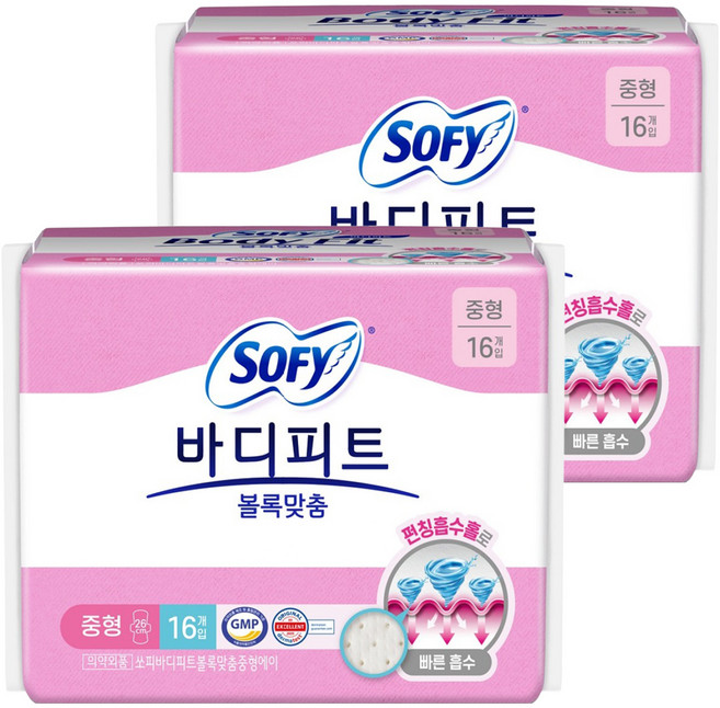 바디피트 볼록맞춤 생리대 날개형, 중형, 16개입, 2개
