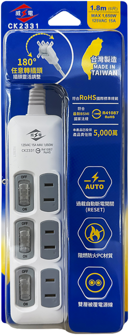 WeiTien 威電 過載斷電3開3座電源線組 2孔, 1.8m, 白色, 1條