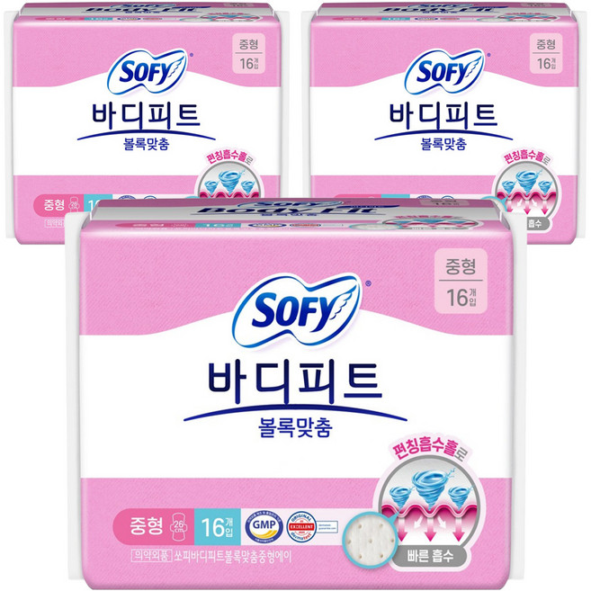 바디피트 볼록맞춤 생리대 날개형, 중형, 16개입, 3개