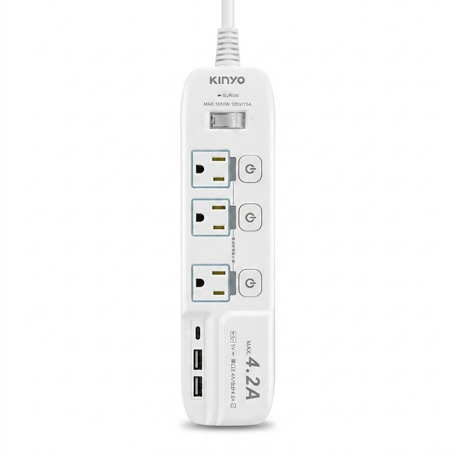 Kinyo 高溫斷電延長線 3孔 4開3插 3USB 475g, 1.8m, 白色, 1條