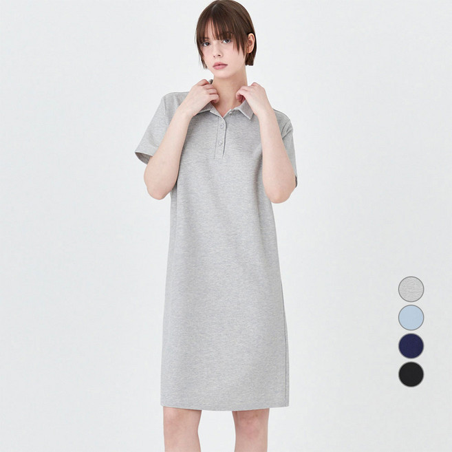 ELLE PARIS 여성용 버튼 카라 미디 피케 원피스