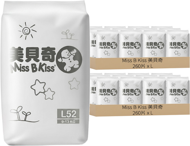 Miss B Kiss 美貝奇 嬰兒黏貼型紙尿褲 9~13kg, L, 520片