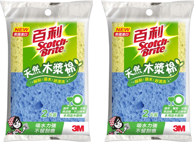 3M Scotch-Brite 百利 多用途天然木漿棉 黃色 + 藍色, 2片, 2包