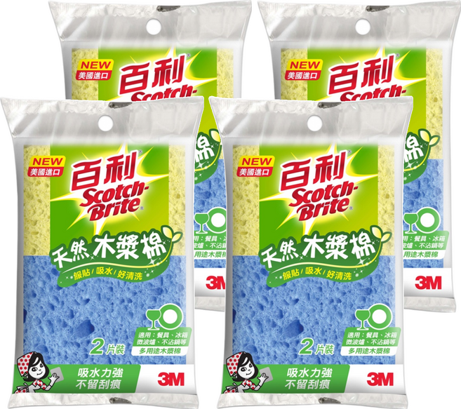 3M Scotch-Brite 百利 多用途天然木漿棉 黃色 + 藍色, 2片, 4包