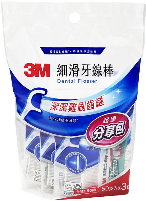 3M 細滑牙線棒分享包 ECO新版 3包, 16mm, 50支, 1袋
