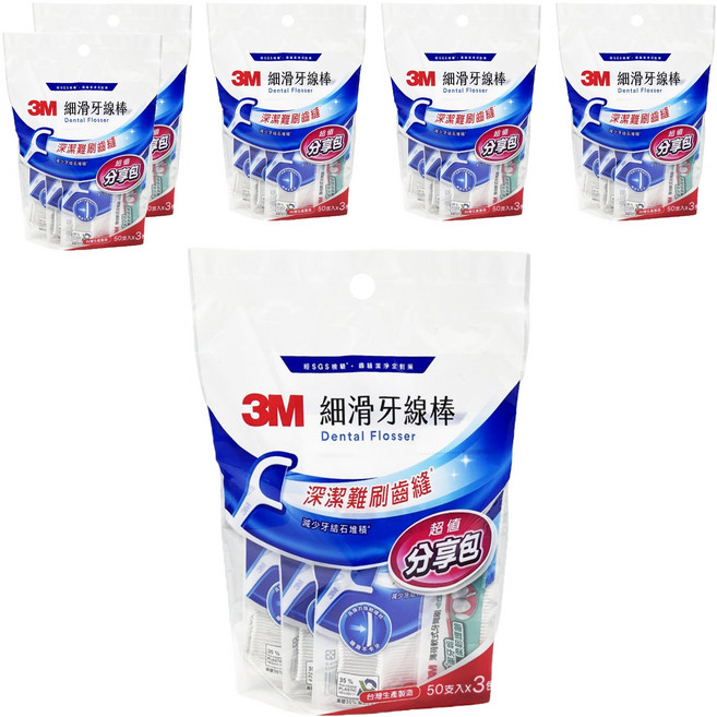 3M 細滑牙線棒分享包 ECO新版 3包, 16mm, 50支, 6袋