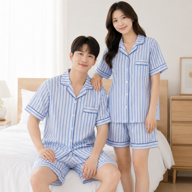 예스 커플용 데일리 반팔 파자마 상하의 세트 톤온톤