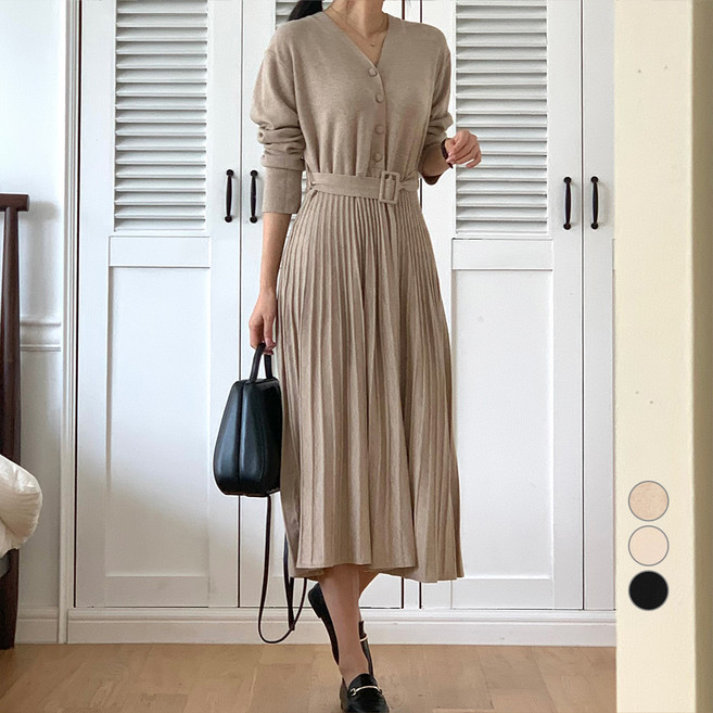 아피나르 여성용 슬림핏 벨티드 플리츠 니트 롱원피스
