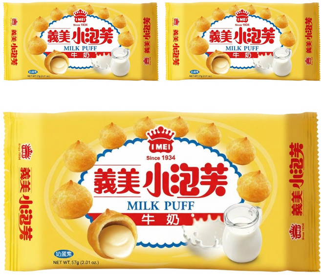 義美 小泡芙 香濃牛奶, 57g, 3包