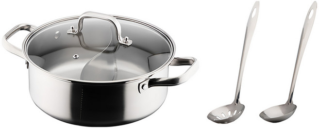 cook power 鍋寶 304不鏽鋼鴛鴦鍋 4L IH 電磁爐通用 附湯杓26cm 1個+漏勺26cm 1個, 26cm, 不鏽鋼色, 1組