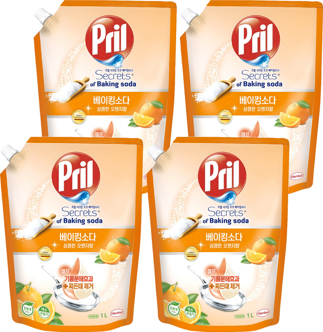 프릴 시크릿오브 베이킹소다 주방세제 상큼한 오렌지향, 1L, 4개