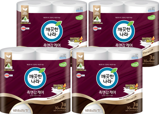 깨끗한나라 천연펄프 3겹 촉앤감 케어 롤화장지, 30m, 4개입, 4개