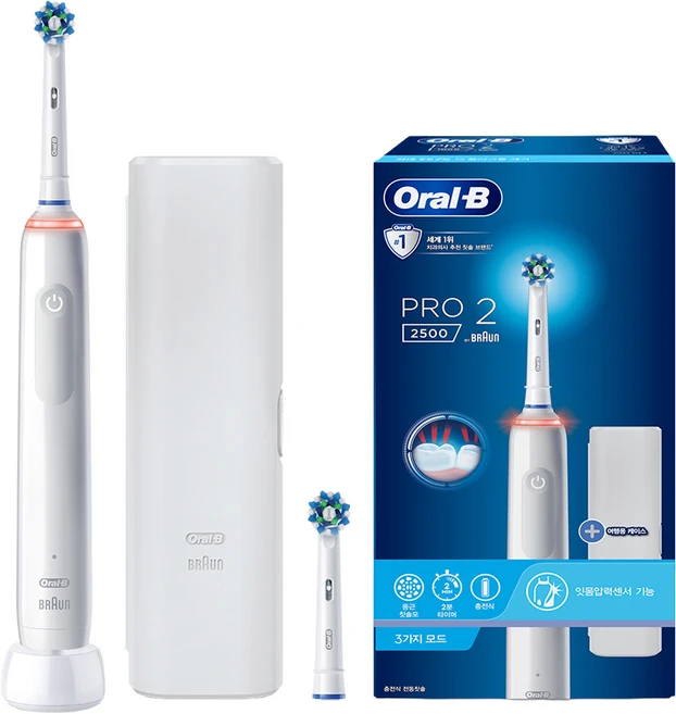 오랄비 정품 프로2500 전동칫솔 + 리필 + 케이스 세트, Pro2500, 화이트, 1개 - 쿠팡