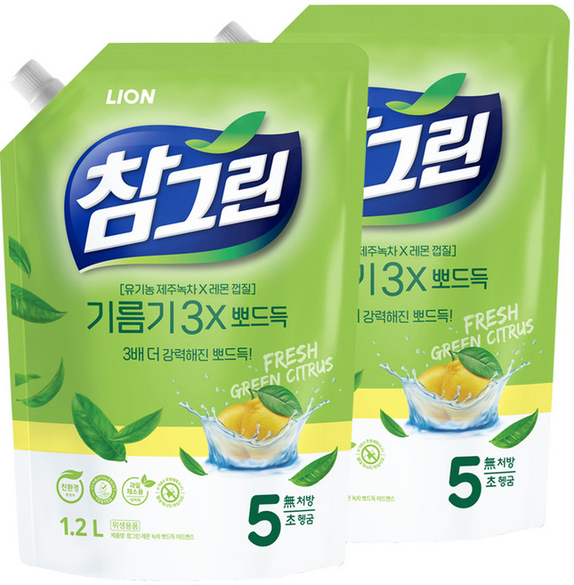 참그린 레몬 녹차 뽀드득 어드밴스 주방세제 리필, 1.2L, 2개