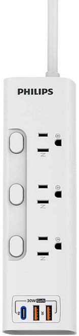 PHILIPS 飛利浦 3開3插 2USB+Type C PD 30W GaN氮化鎵延長線 CHP8431WA/96, 1.8m, 白色, 1個