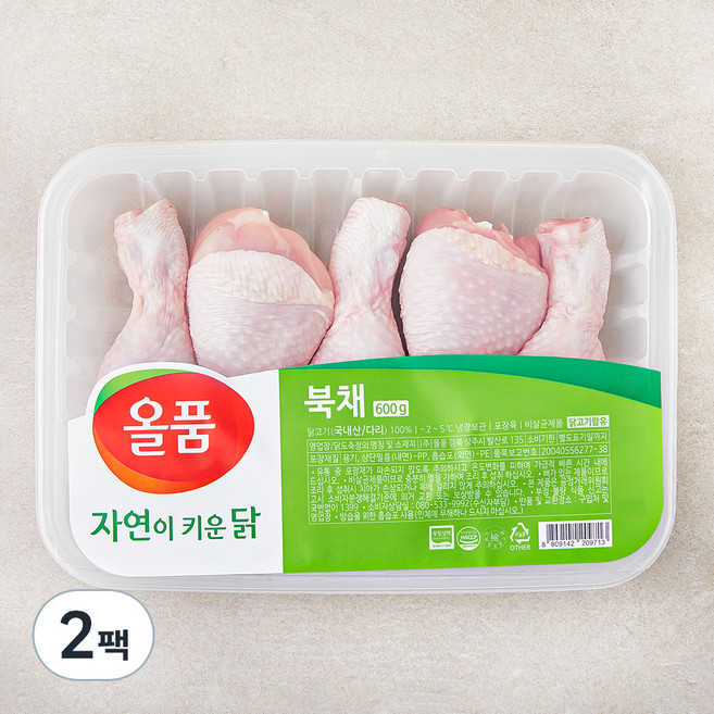 올품 무항생제 인증 자연이키운닭 다리 (냉장), 600g, 2팩