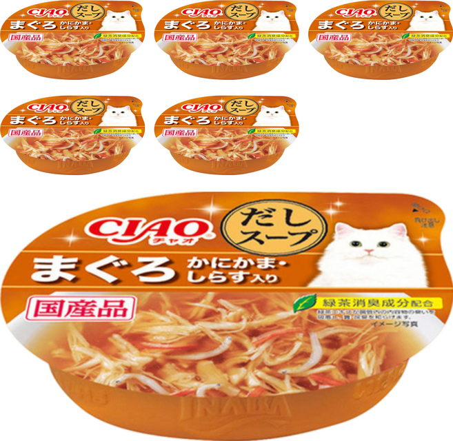 INABA CIAO 啾嚕原湯杯 燒津產鮪魚高湯 蟹肉吻仔魚 綠茶消臭配方 60g, 鮪魚 + 蟹肉 + 吻仔魚, 6個