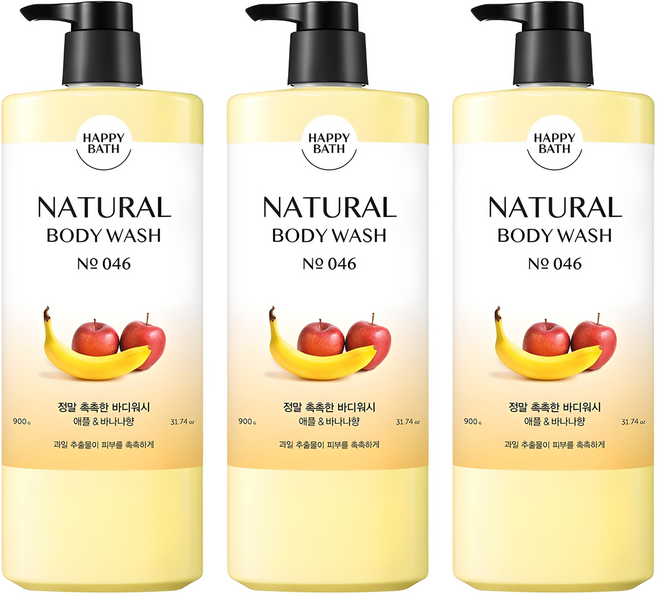 해피바스 내추럴 정말 촉촉한 바디워시 애플 앤 바나나향, 900g, 3개