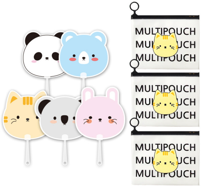 애니멀 프랜즈 부채 5p + 애니멀 지퍼백 스몰 3p 세트, 고양이(지퍼백), 랜덤발송(부채), 1세트