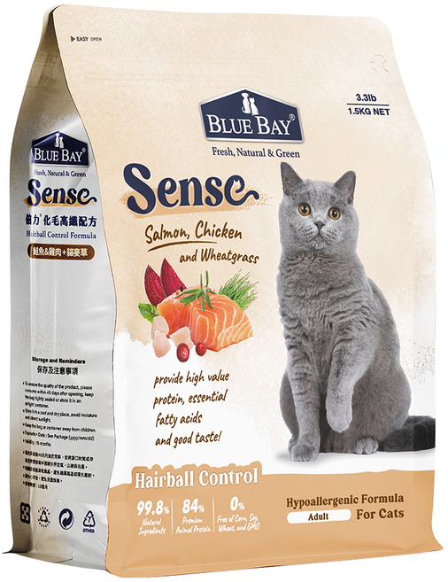 BLUE BAY 倍力 Sense 成貓 全護低敏貓飼料 雞肉 + 鮭魚 + 貓麥草, 高纖化毛, 1.5kg, 1袋