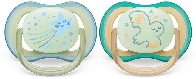 필립스아벤트 울트라 에어 야광 노리개 젖꼭지 2종 세트 SCF376, 0~6개월, 별 + 새, 1세트
