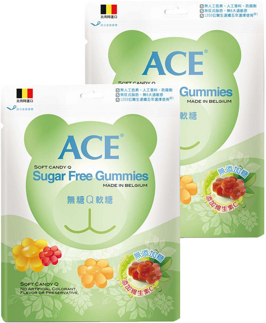 ACE 無糖Q軟糖 比利時進口 無人工色素香料 富含維他命C QQ好咀嚼 無糖0脂肪, 48g, 2包