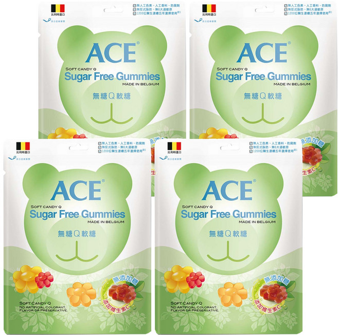 ACE 無糖Q軟糖 比利時進口 無人工色素香料 富含維他命C QQ好咀嚼 無糖0脂肪, 48g, 4包