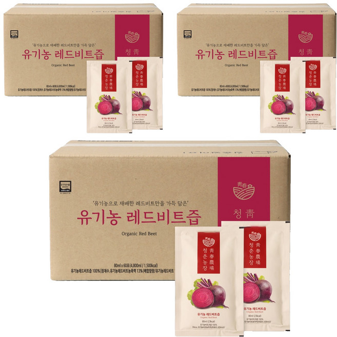 청춘농장 유기농 레드비트즙, 4.8L, 3개