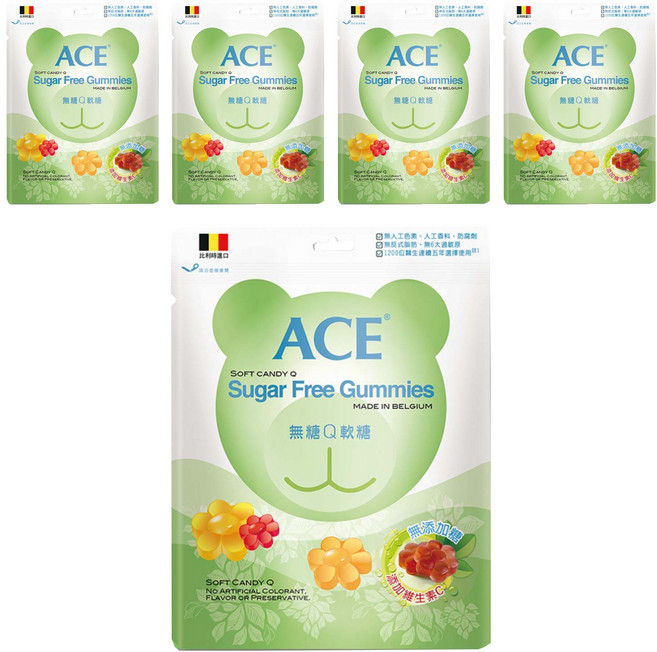 ACE 無糖Q軟糖 比利時進口 無人工色素香料 富含維他命C QQ好咀嚼 無糖0脂肪, 48g, 5包