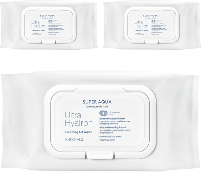 미샤 수퍼아쿠아 울트라 히알론 클렌징 오일 티슈 대용량, 70매입, 3개