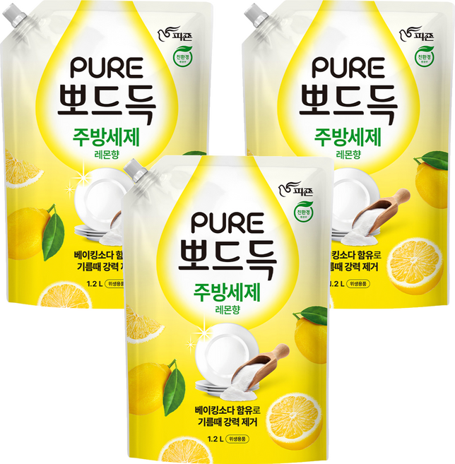 피죤 퓨어 뽀드득 주방세제 레몬향, 1.2L, 3개