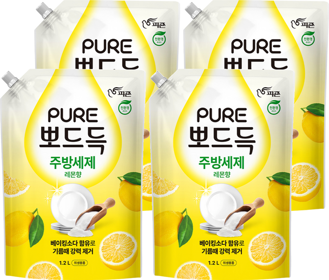 피죤 퓨어 뽀드득 주방세제 레몬향, 1.2L, 4개