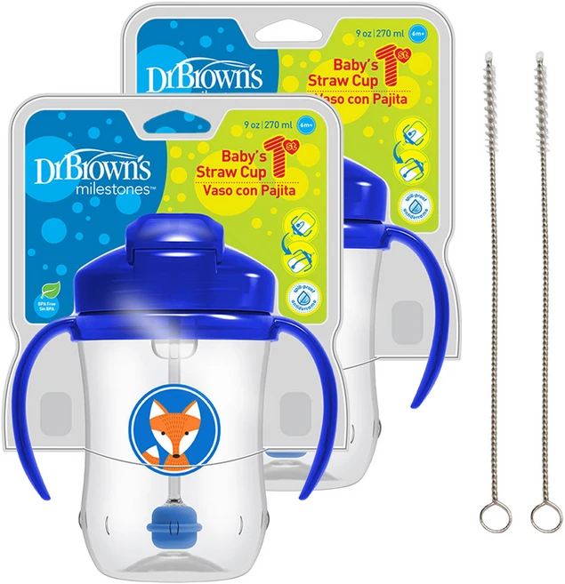 닥터브라운 신형 추추빨대컵 270ml + 청소솔, 블루, 2개 - 쿠팡