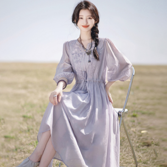 LUNA GIRL 女款花朵刺繡連身裙 L25SMOPS031205, 紫羅蘭色