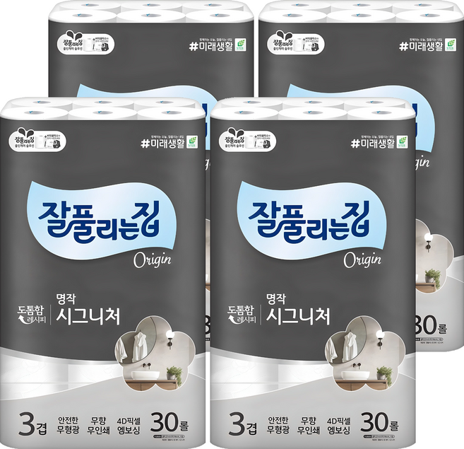 잘풀리는집 명작 시그니처 3겹 고급롤화장지, 27m, 30롤, 4개