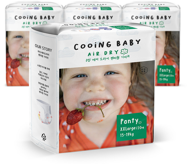 Cooing 에어드라이 풀커버 팬티형 기저귀 아동용, 점보형(2XL), 80매