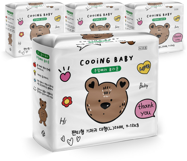 Cooing 베러 놀라운 팬티형 기저귀 남여공용, 대형(L), 104매