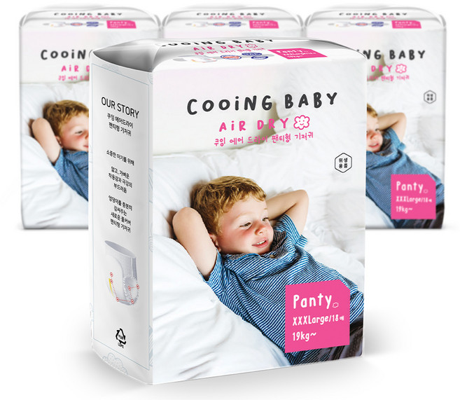 Cooing 에어드라이 풀커버 팬티형 기저귀 유아용, 점보형 이상(3XL), 72매