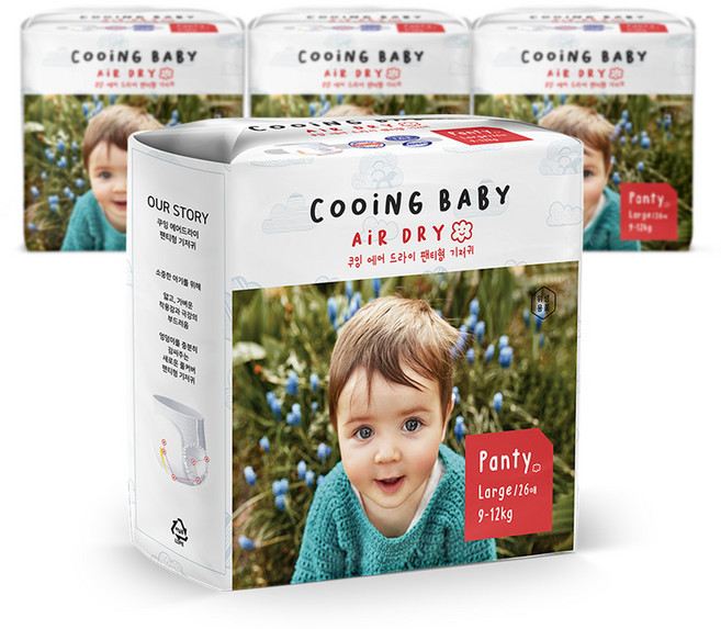 Cooing 에어 드라이 풀커버 팬티형 기저귀 어린이용, 대형(L), 104매