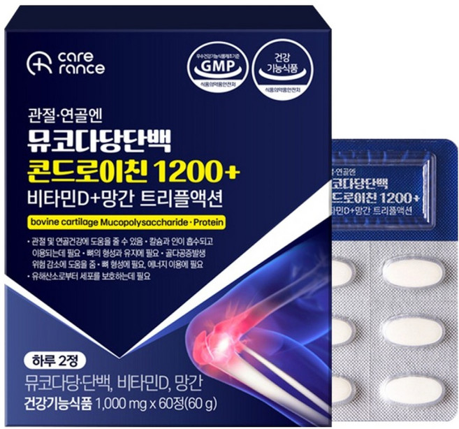 케어란스 관절 연골엔 뮤코다당단백 콘드로이친 1200+ 비타민D+망간 트리플액션 60g, 1개, 60정