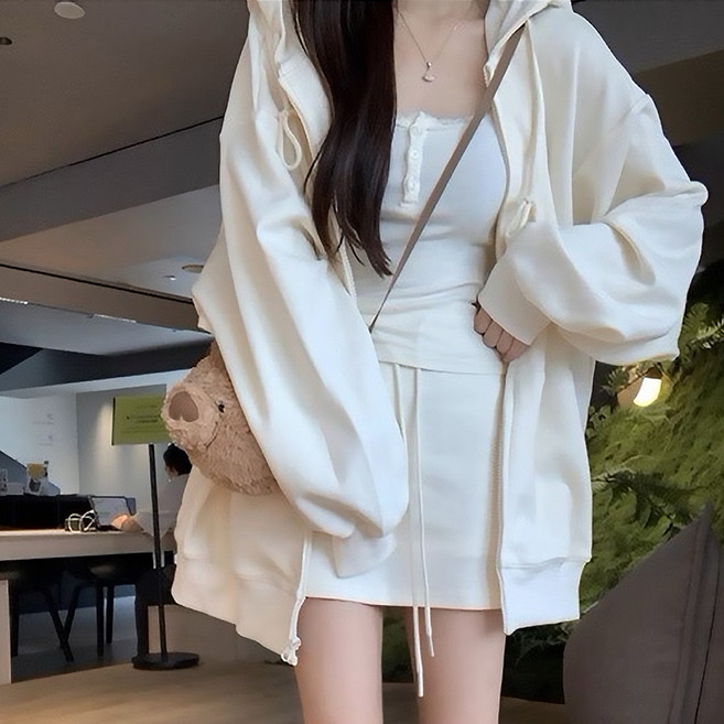 刷毛寬鬆厚磅休閒連帽外套 奶油白 Y5665