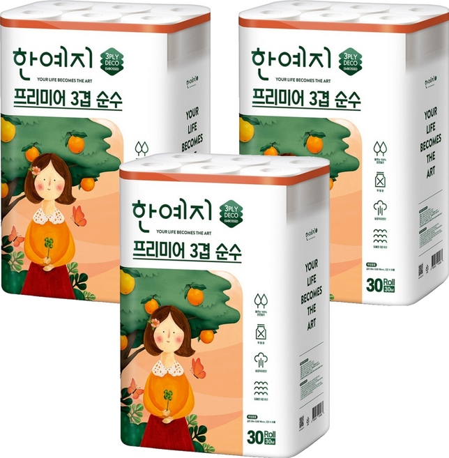 한예지 프리미어 3겹 순수 화장지, 30m, 30롤, 3세트
